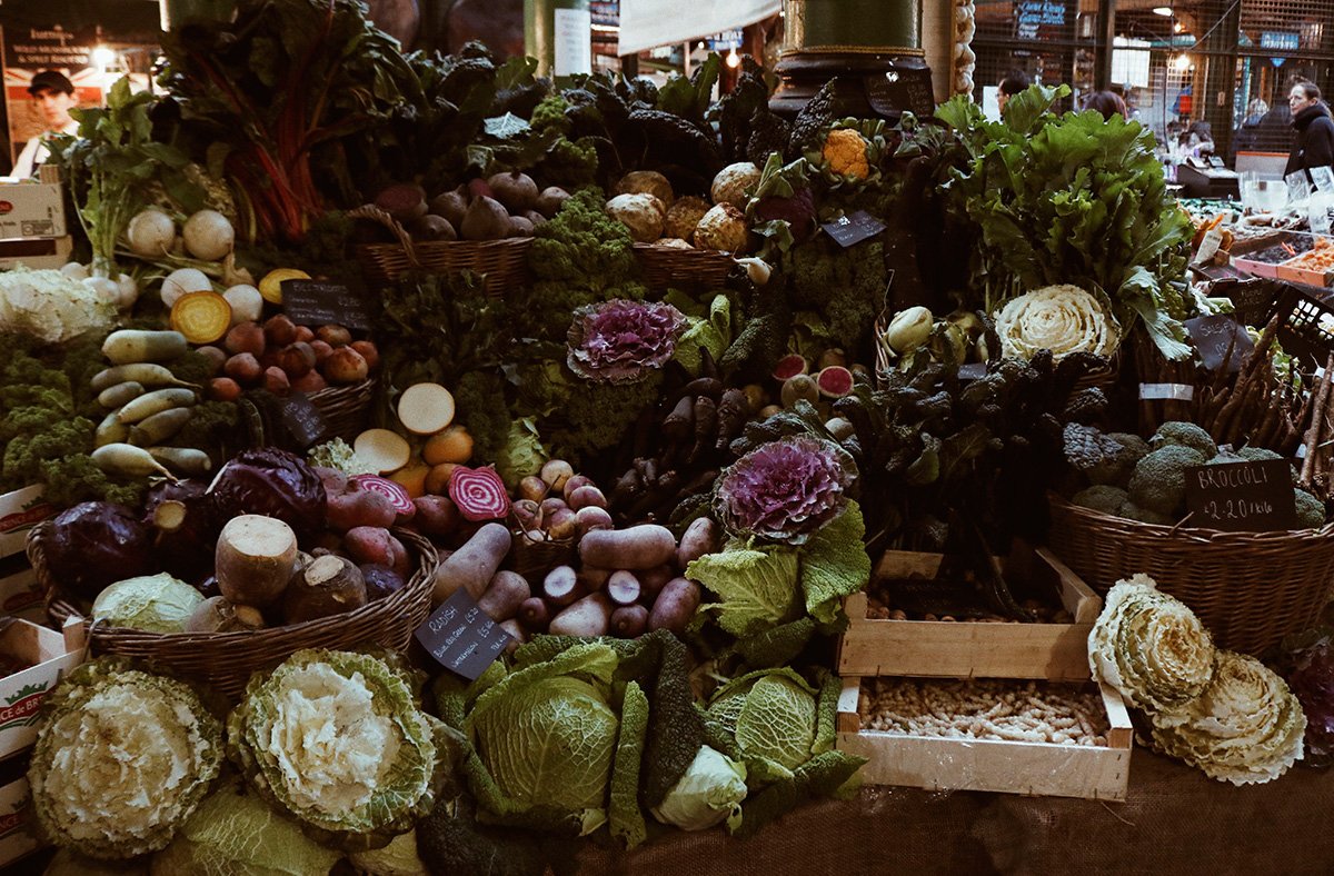 variedade de legumes e verduras no Borough Market