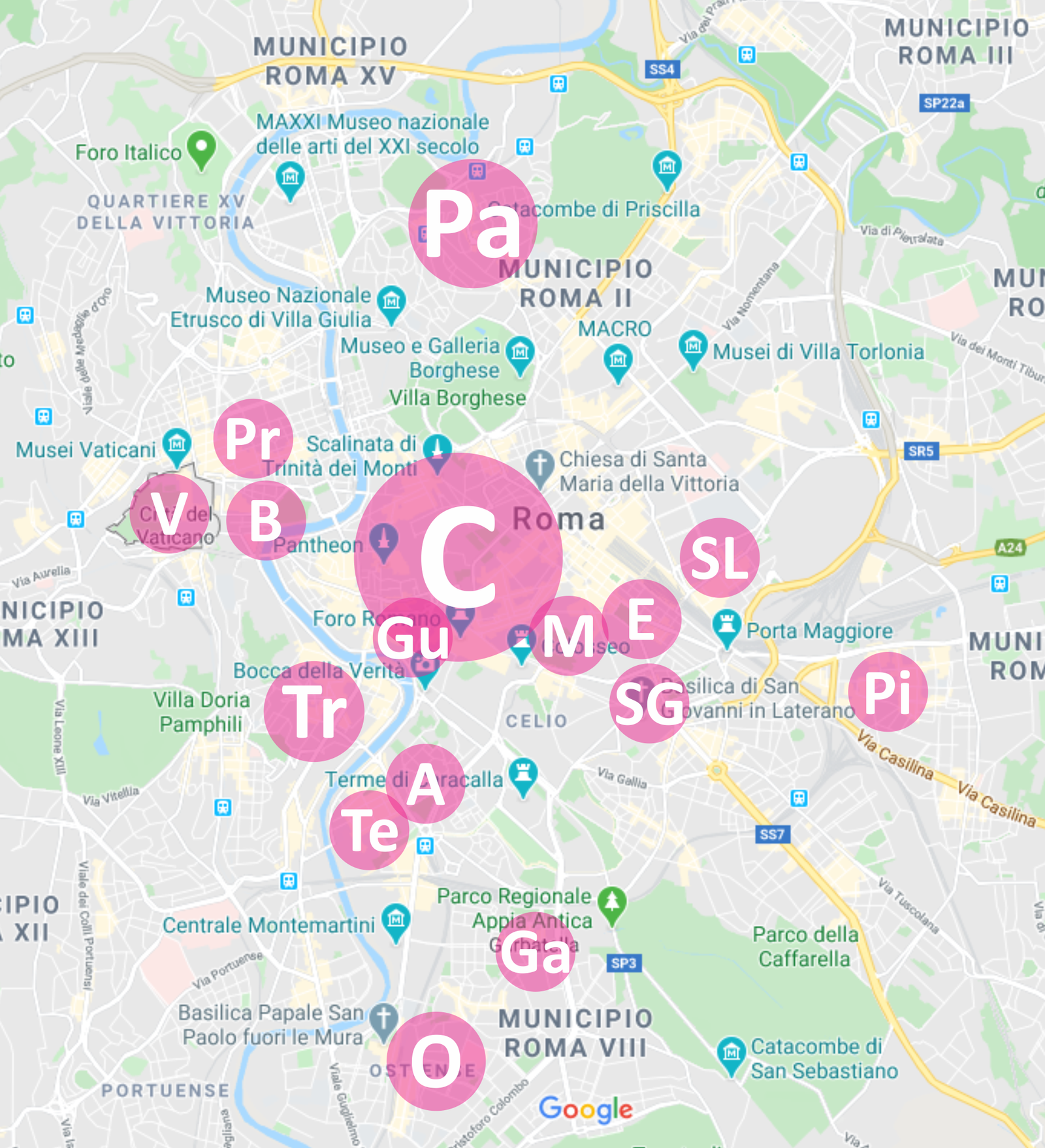 Mapa de Roma - Bairros em Destque